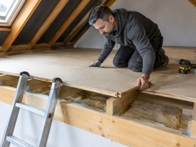 Homeowner installing loft boarding near a ladder indoors