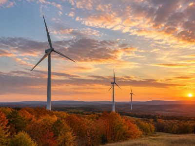 Renewable energy wind turbines with autumn sky