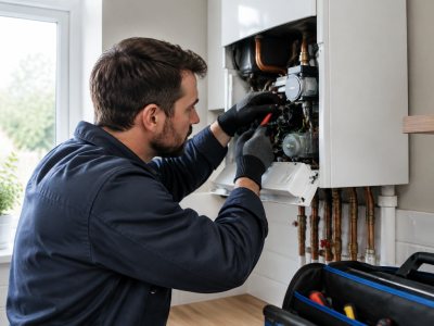Technician servicing a boiler in a home