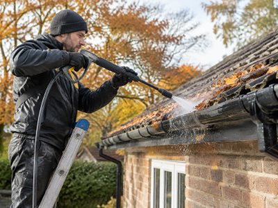 Worker cleaning gutters with jet-wash in autumn