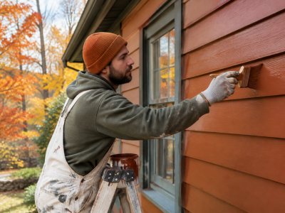 Painter applying autumnal exterior house paint