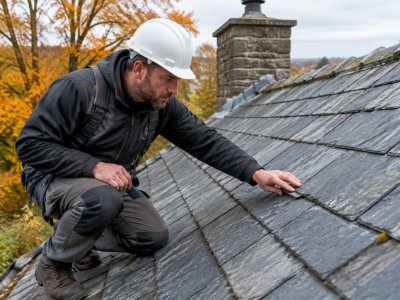 Roofer inspecting slate roof on autumn day
