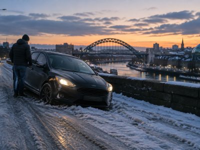 Vehicle stranded on icy Newcastle roadside at dusk